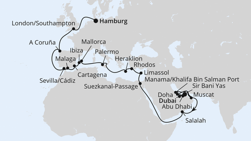 Routenverlauf für Weltenbummler von Dubai nach Hamburg mit AIDAprima am 30.03.24 Routenverlauf für Weltenbummler von Dubai nach Hamburg mit AIDAprima am 30.03.24