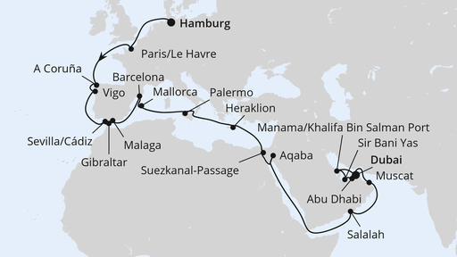 Routenverlauf für Weltenbummler von Hamburg nach Dubai mit AIDAprima am 14.10.25 Routenverlauf für Weltenbummler von Hamburg nach Dubai mit AIDAprima am 14.10.25