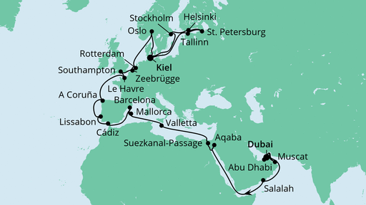Routenverlauf für Weltenbummler von Dubai nach Kiel mit AIDAprima am 10.04.20