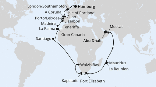 Routenverlauf für Weltenbummler Südafrika & Mauritius ab Abu Dhabi mit AIDAprima am 04.04.27