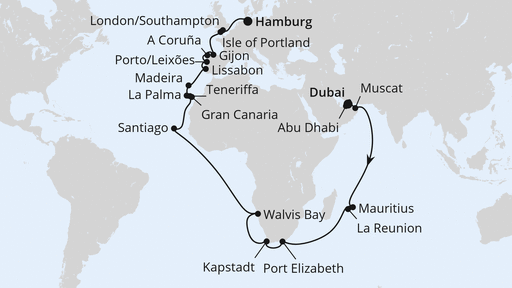 Routenverlauf für Weltenbummler Südafrika & Mauritius mit AIDAprima am 02.04.27 Routenverlauf für Weltenbummler Südafrika & Mauritius mit AIDAprima am 02.04.27