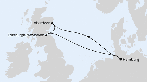 Routenverlauf für Kurzreise nach Schottland ab Hamburg mit AIDAsol am 10.05.26 Routenverlauf für Kurzreise nach Schottland ab Hamburg mit AIDAsol am 10.05.26