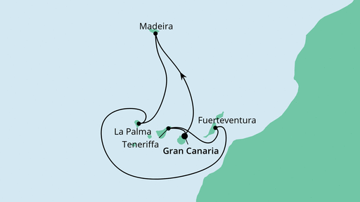 Routenverlauf für Kanaren & Madeira mit AIDAsol am 13.11.22 Routenverlauf für Kanaren & Madeira mit AIDAsol am 13.11.22