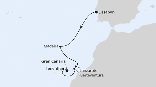 Routenverlauf für Madeira & Kanaren ab Lissabon mit AIDAsol am 16.01.28