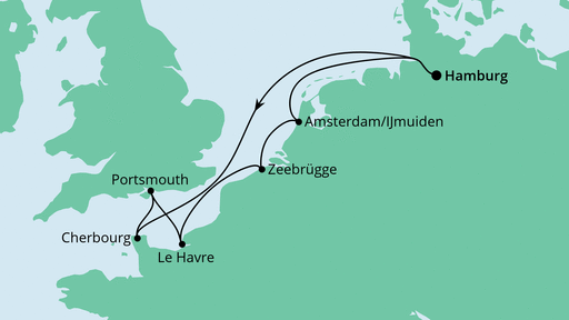 Routenverlauf für Städte am Ärmelkanal mit AIDAsol am 13.04.23 Routenverlauf für Städte am Ärmelkanal mit AIDAsol am 13.04.23