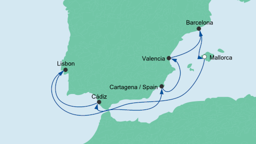 Routenverlauf für Spanien mit Lissabon mit AIDAsol am 18.12.20 Routenverlauf für Spanien mit Lissabon mit AIDAsol am 18.12.20