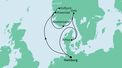 Routenverlauf für Norwegens Küste & Dänemark mit AIDAsol am 07.05.21 Routenverlauf für Norwegens Küste & Dänemark mit AIDAsol am 07.05.21