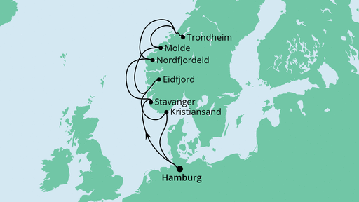 Routenverlauf für Norwegens Fjorde 2 mit AIDAsol am 25.08.21