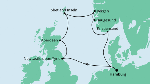 Routenverlauf für Großbritannien & Norwegen mit AIDAsol am 03.09.21