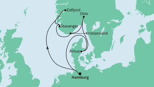 Routenverlauf für Norwegens Küste & Dänemark mit AIDAsol am 12.08.22 Routenverlauf für Norwegens Küste & Dänemark mit AIDAsol am 12.08.22