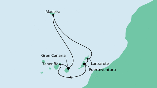 Routenverlauf für Kanarische Inselwelt & Madeira mit AIDAsol am 17.02.23 Routenverlauf für Kanarische Inselwelt & Madeira mit AIDAsol am 17.02.23