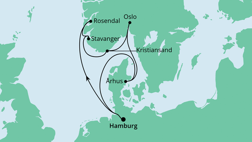 Routenverlauf für Norwegens Küste & Dänemark mit AIDAsol am 28.04.23