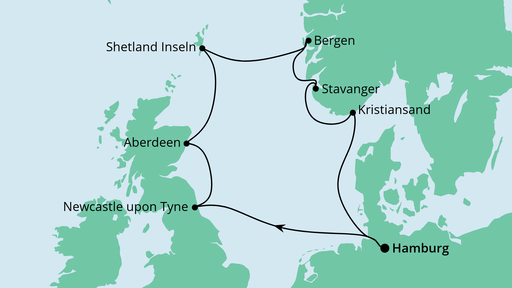 Routenverlauf für Großbritannien & Norwegen mit AIDAsol am 01.09.23
