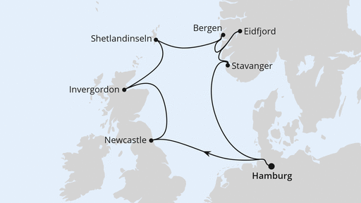 Routenverlauf für Großbritannien & Norwegen mit AIDAsol am 23.06.24