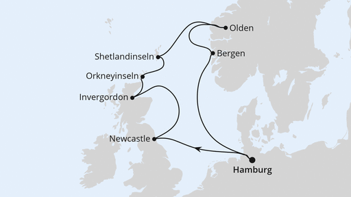 Routenverlauf für Großbritannien & Norwegen mit AIDAsol am 26.07.24 Routenverlauf für Großbritannien & Norwegen mit AIDAsol am 26.07.24