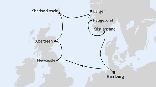 Routenverlauf für Großbritannien & Norwegen mit AIDAsol am 12.09.25 Routenverlauf für Großbritannien & Norwegen mit AIDAsol am 12.09.25