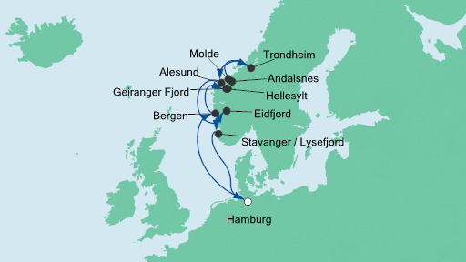 Routenverlauf für Norwegens Fjorde mit AIDAsol am 30.05.20 Routenverlauf für Norwegens Fjorde mit AIDAsol am 30.05.20