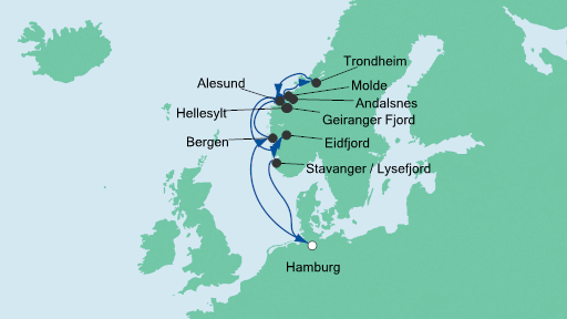Routenverlauf für Norwegens Fjorde mit AIDAsol am 06.07.20 Routenverlauf für Norwegens Fjorde mit AIDAsol am 06.07.20