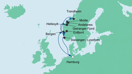 Routenverlauf für Norwegens Fjorde mit AIDAsol am 16.07.20 Routenverlauf für Norwegens Fjorde mit AIDAsol am 16.07.20