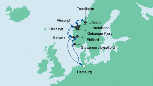Routenverlauf für Norwegens Fjorde mit AIDAsol am 26.07.20