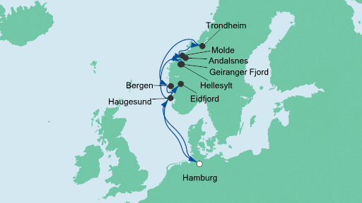 Routenverlauf für Norwegens Fjorde mit AIDAsol am 25.08.20 Routenverlauf für Norwegens Fjorde mit AIDAsol am 25.08.20