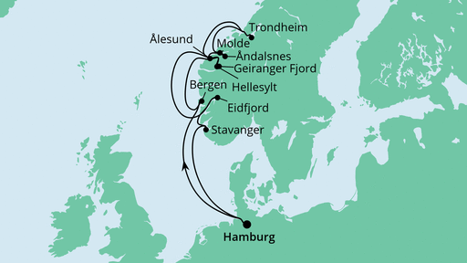 Routenverlauf für Norwegens Fjorde mit AIDAsol am 15.10.21 Routenverlauf für Norwegens Fjorde mit AIDAsol am 15.10.21