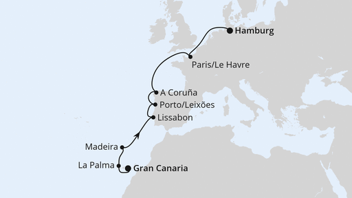 Routenverlauf für Von Gran Canaria nach Hamburg mit AIDAsol am 02.04.26 Routenverlauf für Von Gran Canaria nach Hamburg mit AIDAsol am 02.04.26