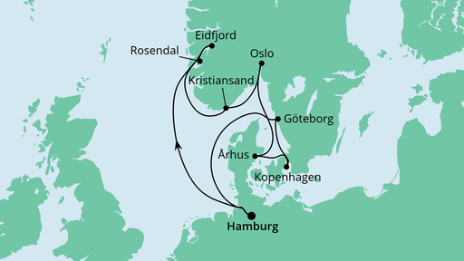 Routenverlauf für Norwegens Küste & Dänemark mit AIDAsol am 07.05.21