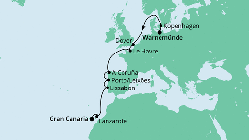 Routenverlauf für Von Warnemünde nach Gran Canaria mit AIDAsol am 02.11.22 Routenverlauf für Von Warnemünde nach Gran Canaria mit AIDAsol am 02.11.22