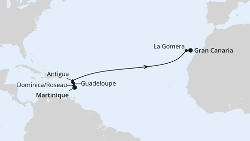 Routenverlauf für Von Martinique nach Gran Canaria mit AIDAsol am 22.03.26 Routenverlauf für Von Martinique nach Gran Canaria mit AIDAsol am 22.03.26