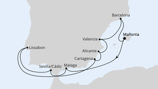 Routenverlauf für Spanien, Portugal & Balearen ab Mallorca mit AIDAsol am 12.12.27