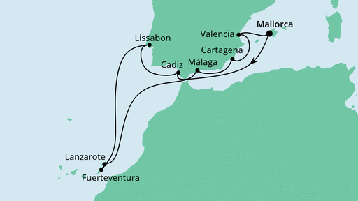 Routenverlauf für Spanien, Portugal & Kanaren mit AIDAsol am 07.02.21