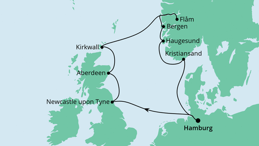 Routenverlauf für England, Schottland & Norwegen mit AIDAsol am 01.08.21 Routenverlauf für England, Schottland & Norwegen mit AIDAsol am 01.08.21