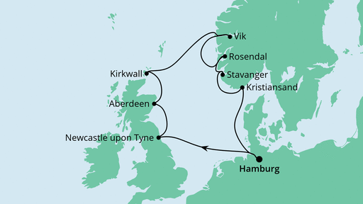 Routenverlauf für England, Schottland & Norwegen mit AIDAsol am 02.10.22 Routenverlauf für England, Schottland & Norwegen mit AIDAsol am 02.10.22