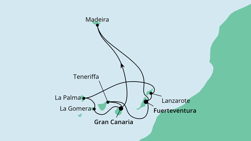 Routenverlauf für Große Kanaren-Rundreise & Madeira mit AIDAsol am 22.01.23 Routenverlauf für Große Kanaren-Rundreise & Madeira mit AIDAsol am 22.01.23
