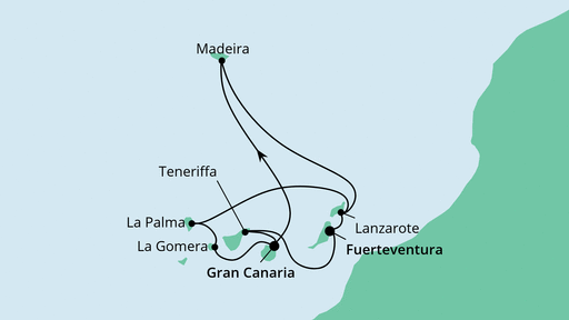 Routenverlauf für Große Kanaren-Rundreise & Madeira mit AIDAsol am 19.02.23 Routenverlauf für Große Kanaren-Rundreise & Madeira mit AIDAsol am 19.02.23