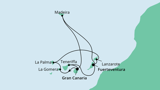 Routenverlauf für Große Kanaren-Rundreise & Madeira mit AIDAsol am 26.02.23 Routenverlauf für Große Kanaren-Rundreise & Madeira mit AIDAsol am 26.02.23