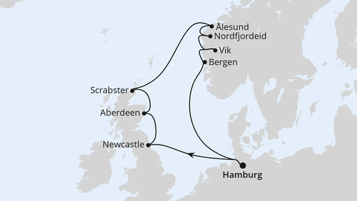 Routenverlauf für England, Schottland & Norwegen mit AIDAsol am 14.07.24