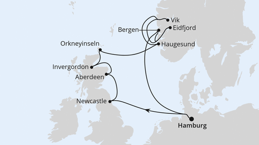 Routenverlauf für England, Schottland & Norwegen mit AIDAsol am 25.08.24 Routenverlauf für England, Schottland & Norwegen mit AIDAsol am 25.08.24