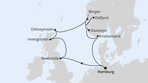 Routenverlauf für England, Schottland & Norwegen mit AIDAsol am 06.10.24 Routenverlauf für England, Schottland & Norwegen mit AIDAsol am 06.10.24