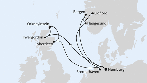 Routenverlauf für Großbritannien & Norwegen mit SAIL Bremerhaven mit AIDAsol am 10.08.25 Routenverlauf für Großbritannien & Norwegen mit SAIL Bremerhaven mit AIDAsol am 10.08.25