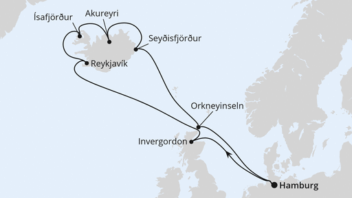 Routenverlauf für Island-Rundreise ab Hamburg mit AIDAsol am 14.06.26 Routenverlauf für Island-Rundreise ab Hamburg mit AIDAsol am 14.06.26