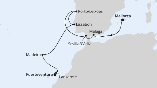 Routenverlauf für Mittelmeer & Atlantikküste ab Mallorca mit AIDAsol am 09.01.28