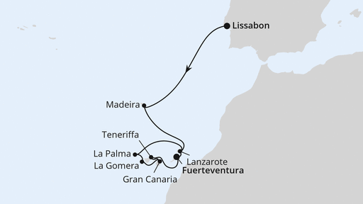 Routenverlauf für Kanaren & Madeira mit La Gomera ab Lissabon 2 mit AIDAsol am 16.01.28