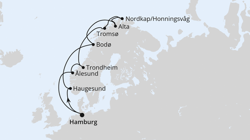 Routenverlauf für Winter im hohen Norden mit AIDAsol am 09.03.24