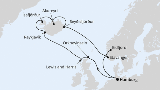 Routenverlauf für Island, Großbritannien & Norwegen mit AIDAsol am 09.06.24 Routenverlauf für Island, Großbritannien & Norwegen mit AIDAsol am 09.06.24