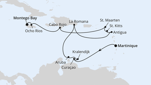 Routenverlauf für Karibische Inseln ab Martinique mit AIDAsol am 16.11.25 Routenverlauf für Karibische Inseln ab Martinique mit AIDAsol am 16.11.25