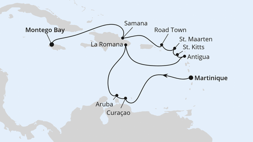Routenverlauf für Karibische Inseln ab Martinique mit AIDAsol am 25.01.26 Routenverlauf für Karibische Inseln ab Martinique mit AIDAsol am 25.01.26