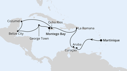 Routenverlauf für Karibische Inseln & Mexiko ab Martinique mit AIDAsol am 22.02.26 Routenverlauf für Karibische Inseln & Mexiko ab Martinique mit AIDAsol am 22.02.26