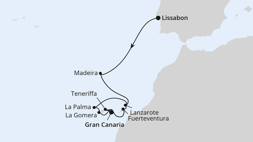 Routenverlauf für Kanaren & Madeira mit La Gomera ab Lissabon 1 mit AIDAsol am 16.01.28